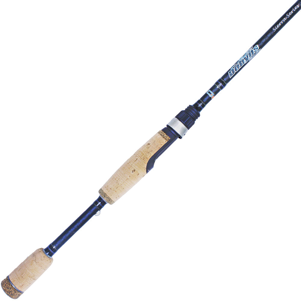 The Dobyns Sierra Trout and Panfish Series Spinning Rod 7'9" Light (STP 791SF) boasts a sleek, modern design with a cork handle, metal reel attachments, and a dark shaft featuring brand lettering. Perfect for enthusiasts of the Dobyns Sierra Trout line.