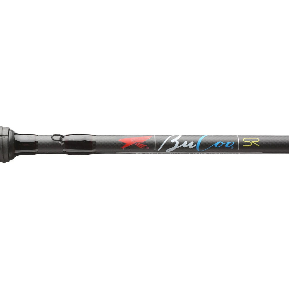 Close-up of the Falcon BuCoo SR Spinning Rod "MH Cranker Spin" 7'0" Medium Heavy (BRS-5-17) handle with "BuCoo SR" in white, blue, and yellow. Features Fuji guides. Background is plain white. Brand: Falcon.
