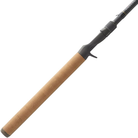 The Falcon Cara Casting Rod Dragger II 7'6" Heavy (CC-7-176) by Falcon features a long, light brown cork handle and black reel seat with Fuji components, shown against a white background.