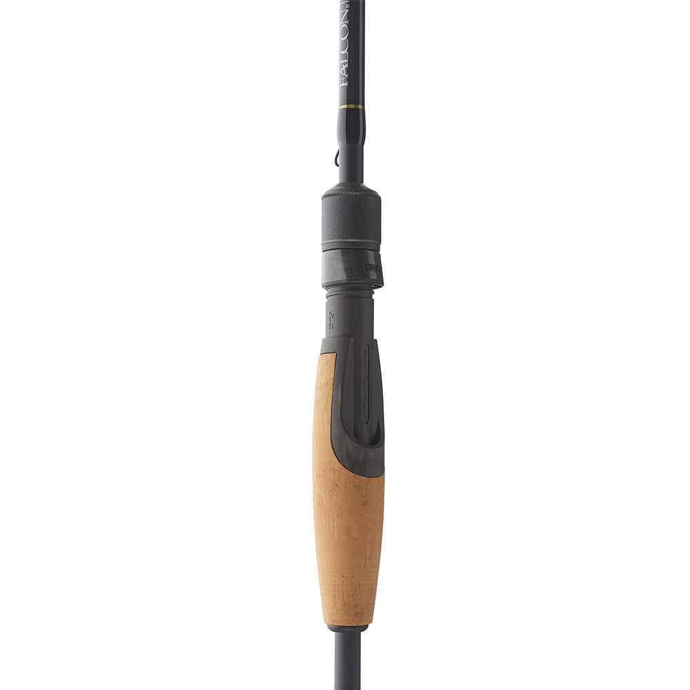 Close-up of the Falcon Cara Spinning Rod Finesse Rig 7'2" Medium Light (CS-3-172) handle with a cork grip, Fuji components, and black reel seat by Falcon, set against a white background.