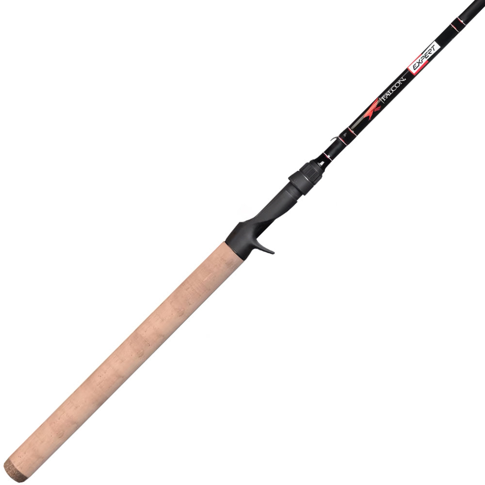 The Falcon Expert "All-Around" 7'0" Medium Heavy Casting Rod (EC-5-17) from Falcon features CrossMatch Technology, a long cork handle, black reel seat, and a black rod with red and white branding near the handle.