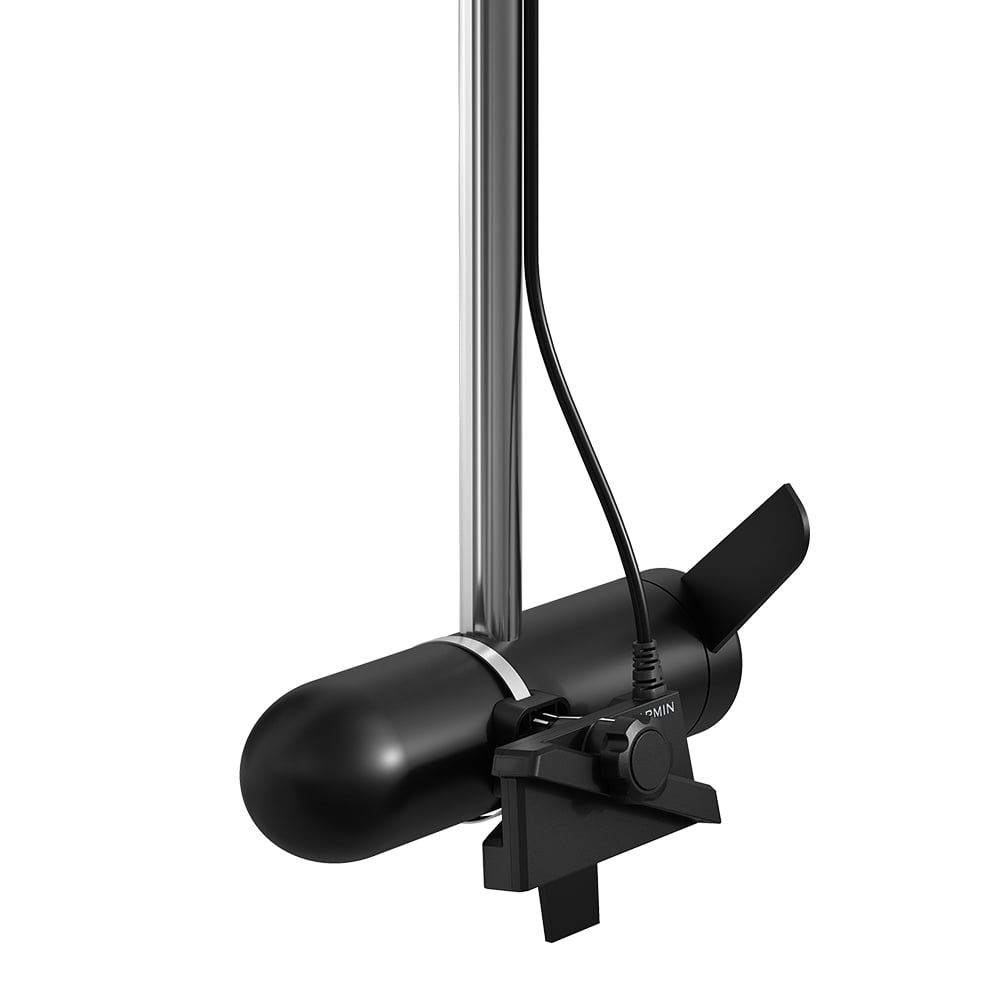 A close-up of the Garmin LiveScope Plus LVS34 Transducer (010-02706-10), a black, cylindrical Garmin device with cable connection and fins, mounted on a vertical metal pole.