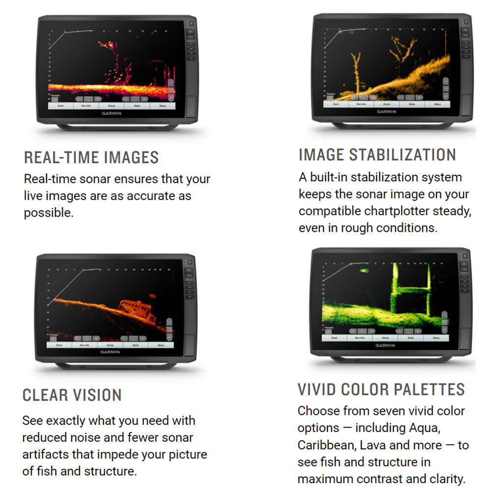 Four vivid displays show sonar from the Garmin LiveScope Plus LVS34 Transducer (010-02706-10). Key features: real-time imaging, image stabilization, reduced noise for clearer vision, and multiple color palettes—all from Garmin.