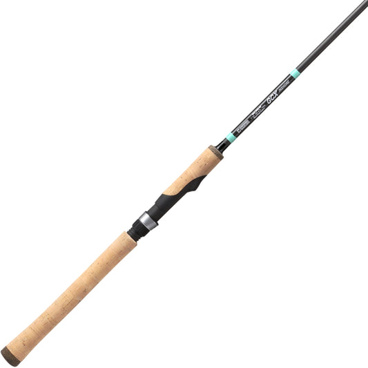 The G. Loomis GCX Inshore Spinning Rod 841S MF 7'0" Medium Light | 12970-01 features a sleek design ideal for inshore fishing, with a cork handle and black reel seat, displayed against a white background.