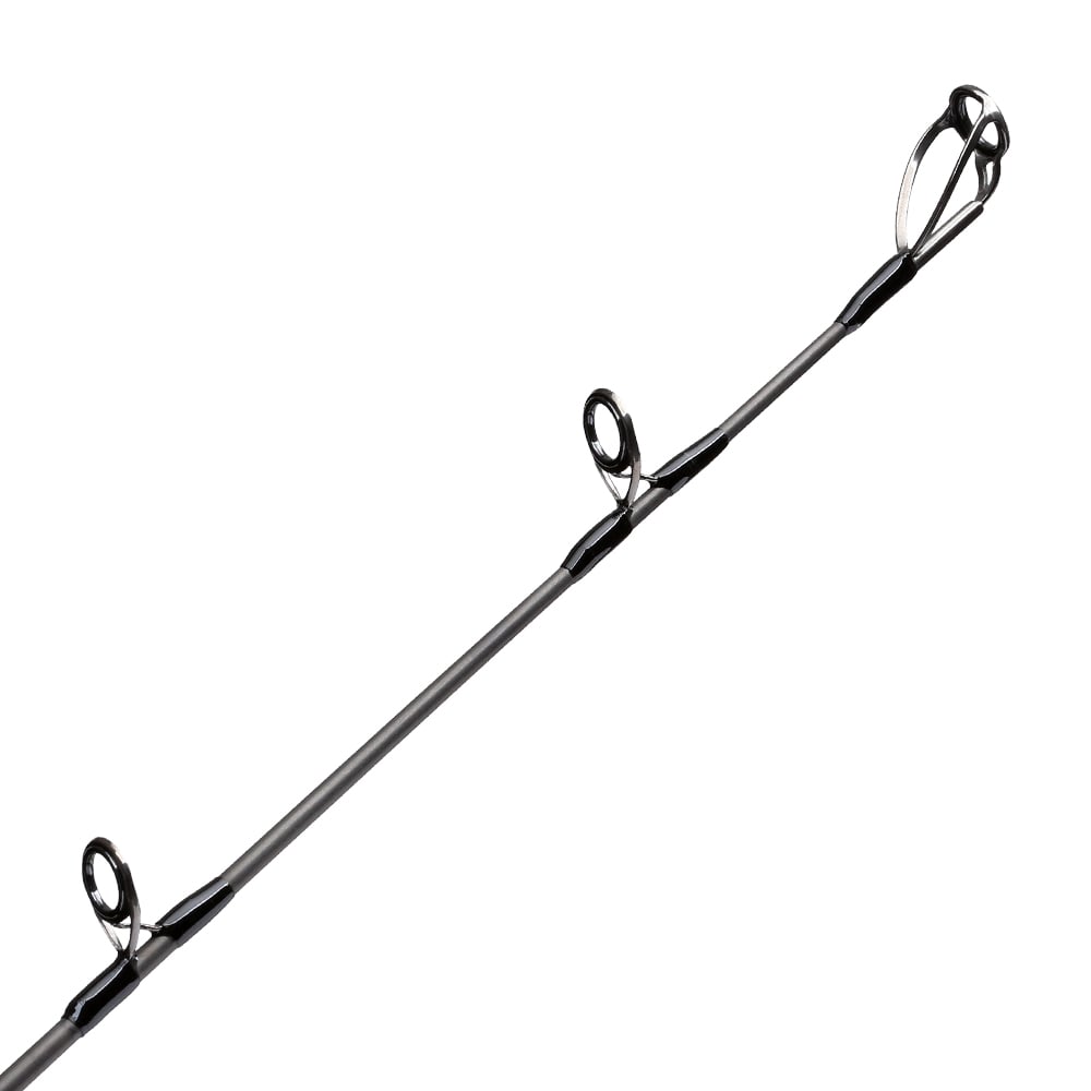Close-up of the top section of the G. Loomis GCX Inshore Spinning Rod 842S MGM 7'0" Medium Mag Moderate, showing three metal line guides on the diagonally angled rod against a white background.