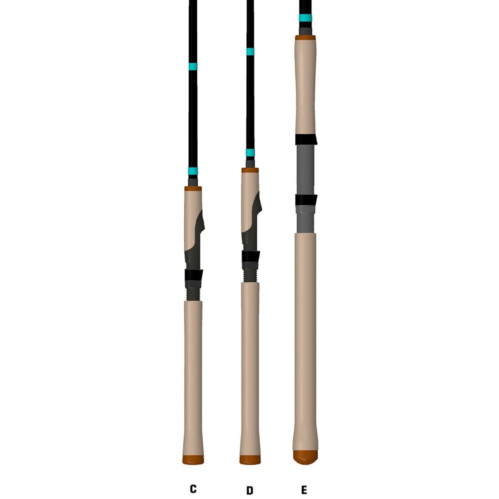 Three G. Loomis GCX Inshore Spinning Rod 842S MF 7'0" Medium rods are shown side by side, each with a light beige grip, dark accents, and subtle differences in handle shape and reel seat for saltwater fishing.