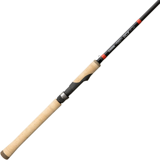 A G. Loomis GCX Spin Jig Spinning Rod 782S SJR 6'6" Medium is shown diagonally against a white background, highlighting its cork handle, black reel seat, and black shaft with red and silver accents near the base.