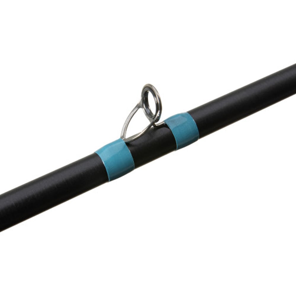 Close-up of a G. Loomis NRX+ Jig & Worm Casting Rod 893C JWR, featuring Spiral X technology. Its sleek black design is accented by a silver guide ring secured with blue wraps, set against a white backdrop—ideal for Jig & Worm Casting enthusiasts.
