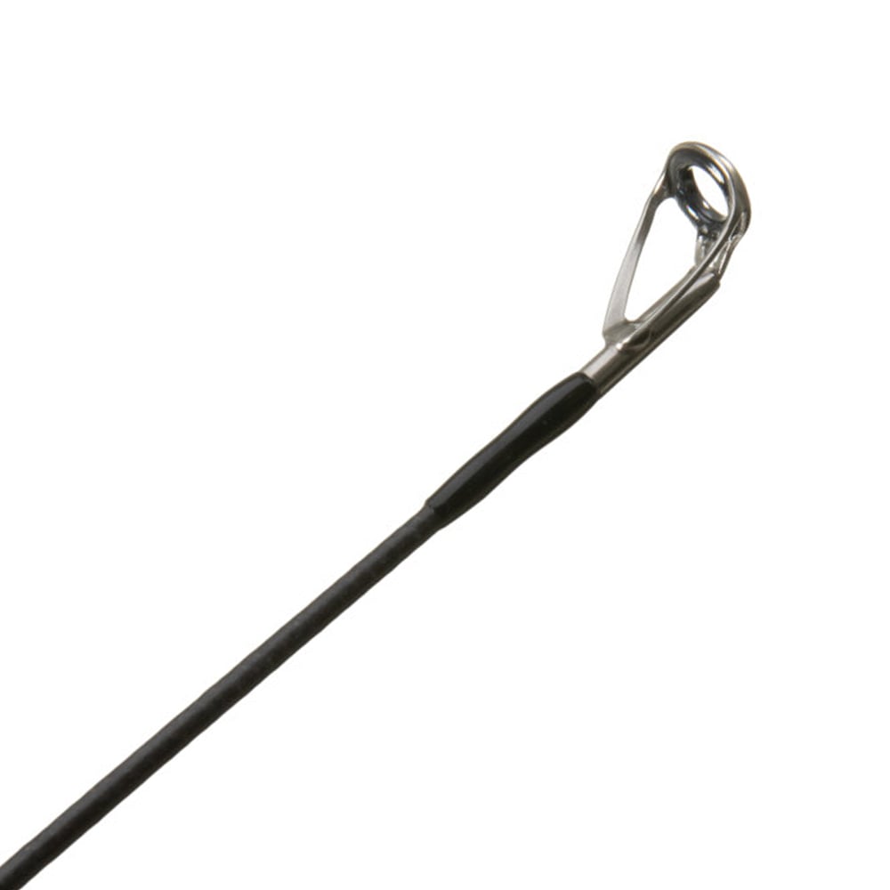 Close-up of a G. Loomis NRX+ Jig & Worm Casting Rod 893C JWR 7'5" Medium Heavy tip, showcasing Spiral X technology with a black graphite shaft and silver guide ring, ensuring precise line guidance against a plain white background.