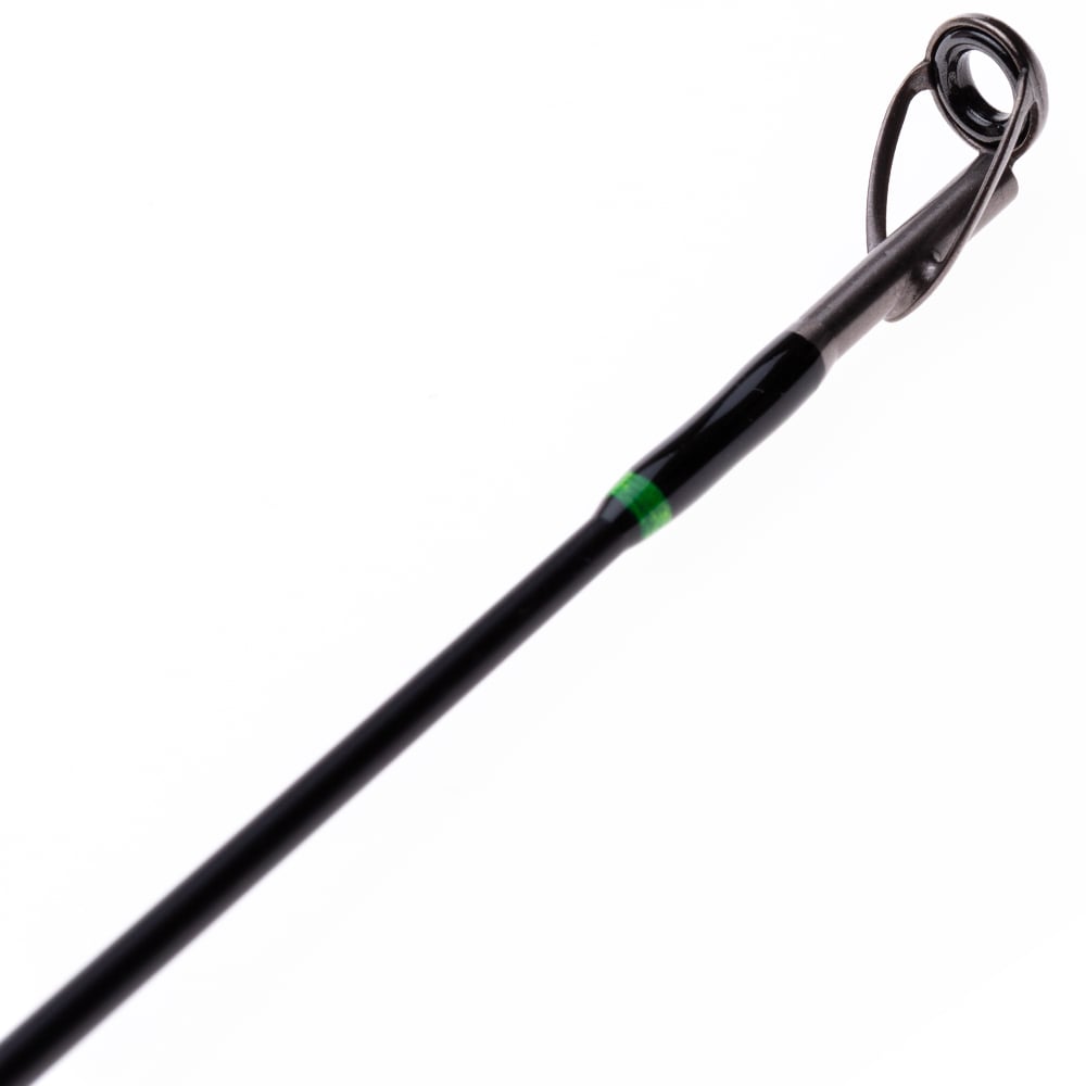 Close-up of the Halo KS II Elite Casting Rod 7'9" Extra Heavy by Halo, featuring a black Japanese Nano carbon fiber tip with a circular metal guide ring and a green band near the tip, all set against a white background.