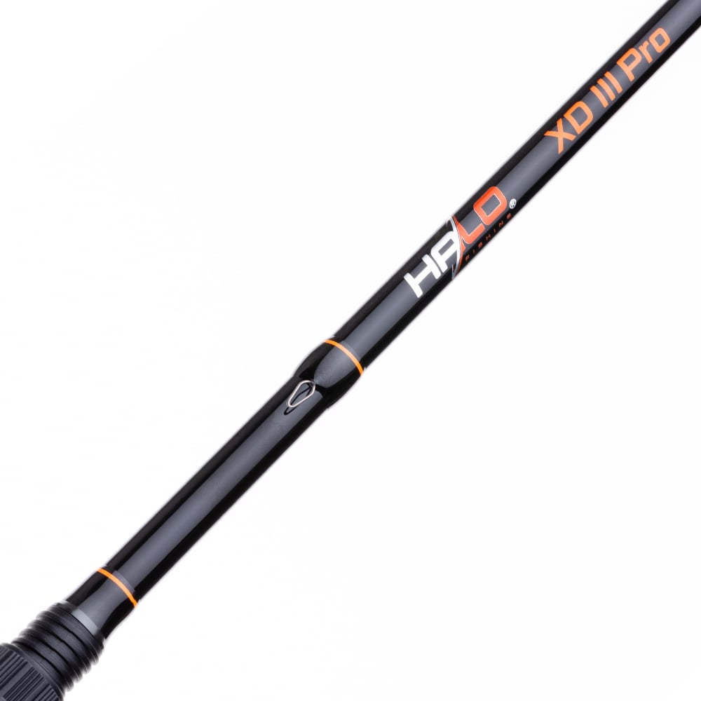 Close-up of the Halo XD III Pro Casting Rod 7'6" Extra Heavy by Halo, featuring black finish with orange accents and bold "Halo XD III Pro" branding—ideal for tournament-level casting performance.