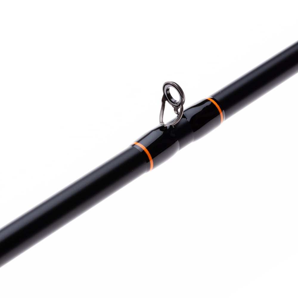 A close-up of the Halo XD III Pro Casting Rod 7'6" Extra Heavy by Halo, a black tournament rod with orange accents and a metal line guide, set against a white background. Model: HFXDIII76XHC.