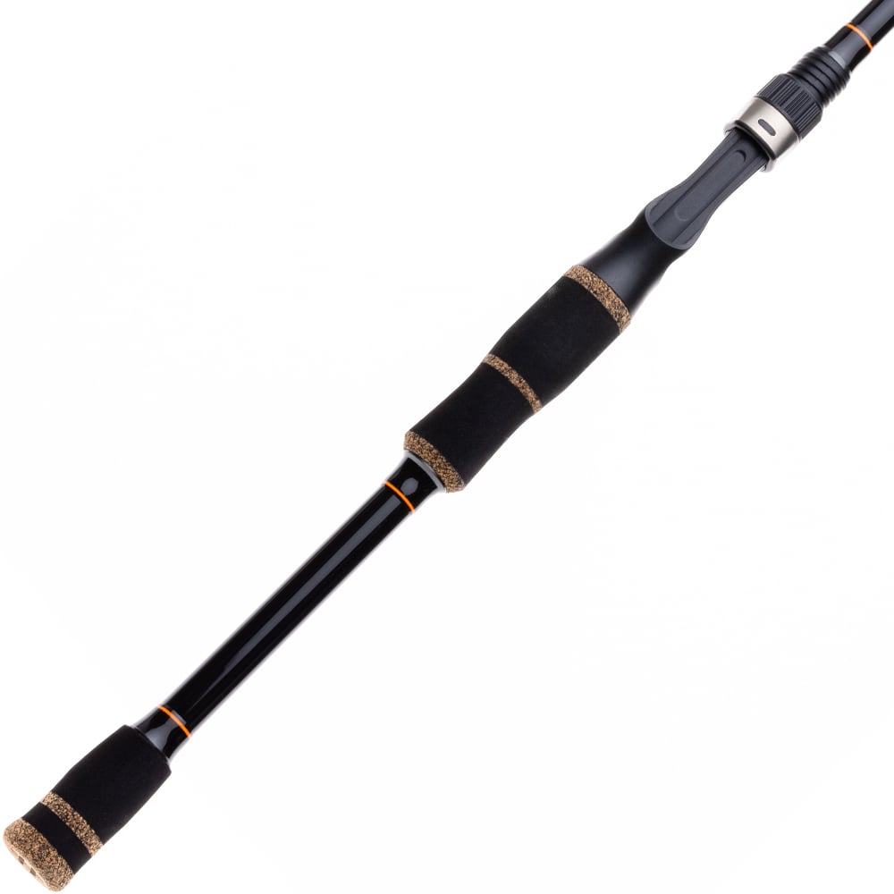 A close-up of the Halo XD III Pro Casting Rod 7'6" Extra Heavy by Halo shows its black and cork grips, silver reel seat, and part of the rod shaft against a white background.