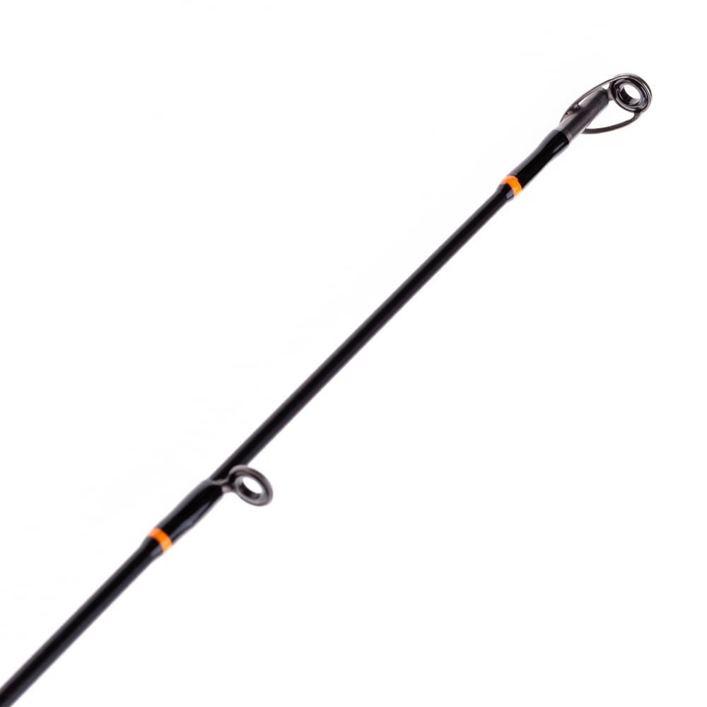 Close-up of the upper section of the Halo XD III Pro Spinning Rod 7'0" Medium Heavy by Halo, showing two metal line guides with orange accents, set against a white background.