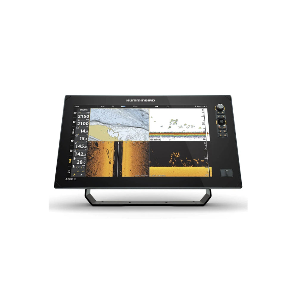 The Humminbird Apex 19 MEGA SI+ Chartplotter by Humminbird displays sonar, imaging panels, depth readings, and controls on a black rectangular screen with stand; used and in excellent condition.