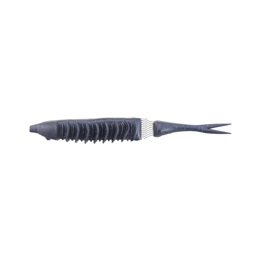 A close-up of the Jackall Bounty Fish lure, featuring a dark ribbed body and forked tail. Designed by Jackall to mimic aquatic prey, it's ideal for freshwater or saltwater fishing with its Net-Joint System for enhanced movement. The background is plain white.