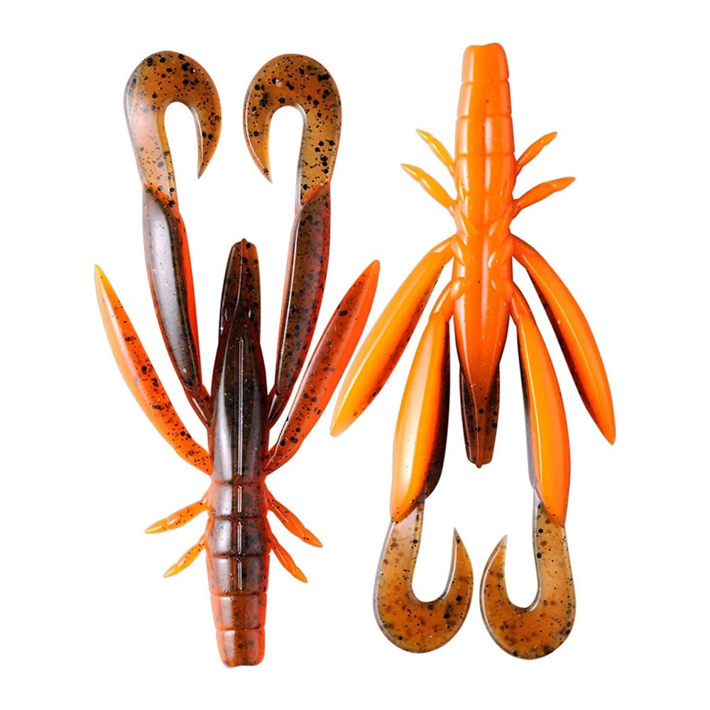 The Jackall Chunk Craw by Jackall, a 2-pack of soft plastic crawfish-shaped lures with segmented bodies and multiple appendages, comes in orange and brown with black speckles—ideal as a jig trailer or versatile creature bait.