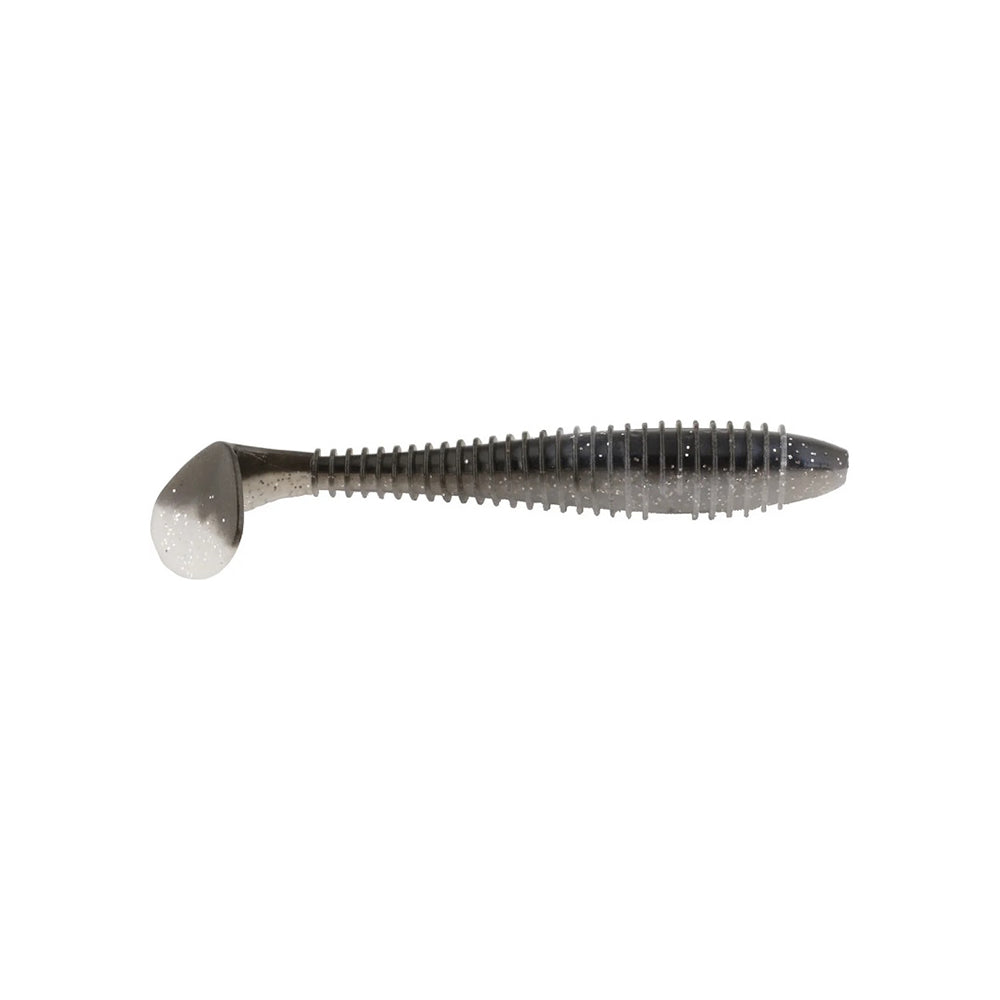 A soft plastic swimbait featuring a ribbed body and paddle tail with a shiny gray and black finish, similar to the Keitech Swing Impact Fat Swimbait 3.8" by Keitech.