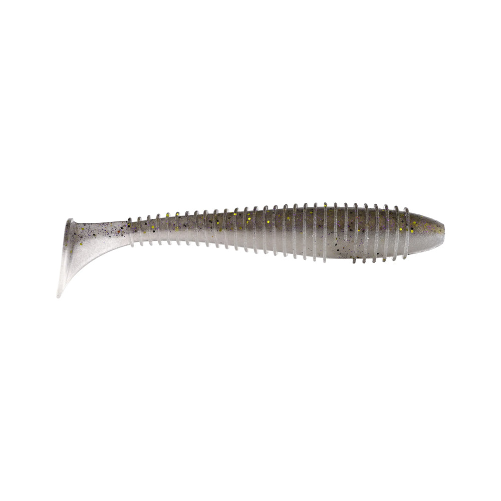 The Keitech Swing Impact Fat Swimbait 3.8" by Keitech is a soft plastic, fish-shaped lure in gray with black and yellow speckles, featuring a ribbed body and flat paddle tail, displayed on a white background.