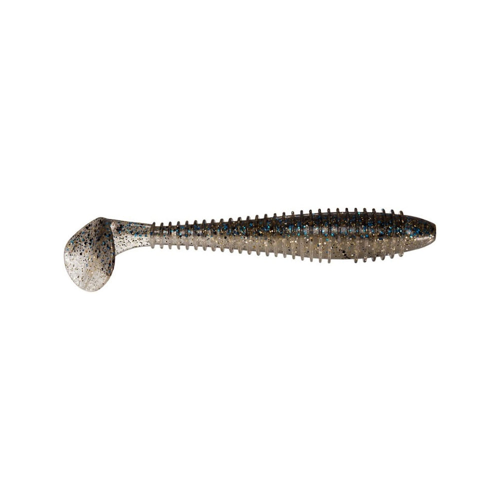 The Keitech Fat Swing Impact Swimbaits feature a ribbed body and paddle tail for enhanced performance. Gray with black speckles and blue accents, they mimic baitfish convincingly, making the swimming action irresistible. Displayed against a white backdrop.