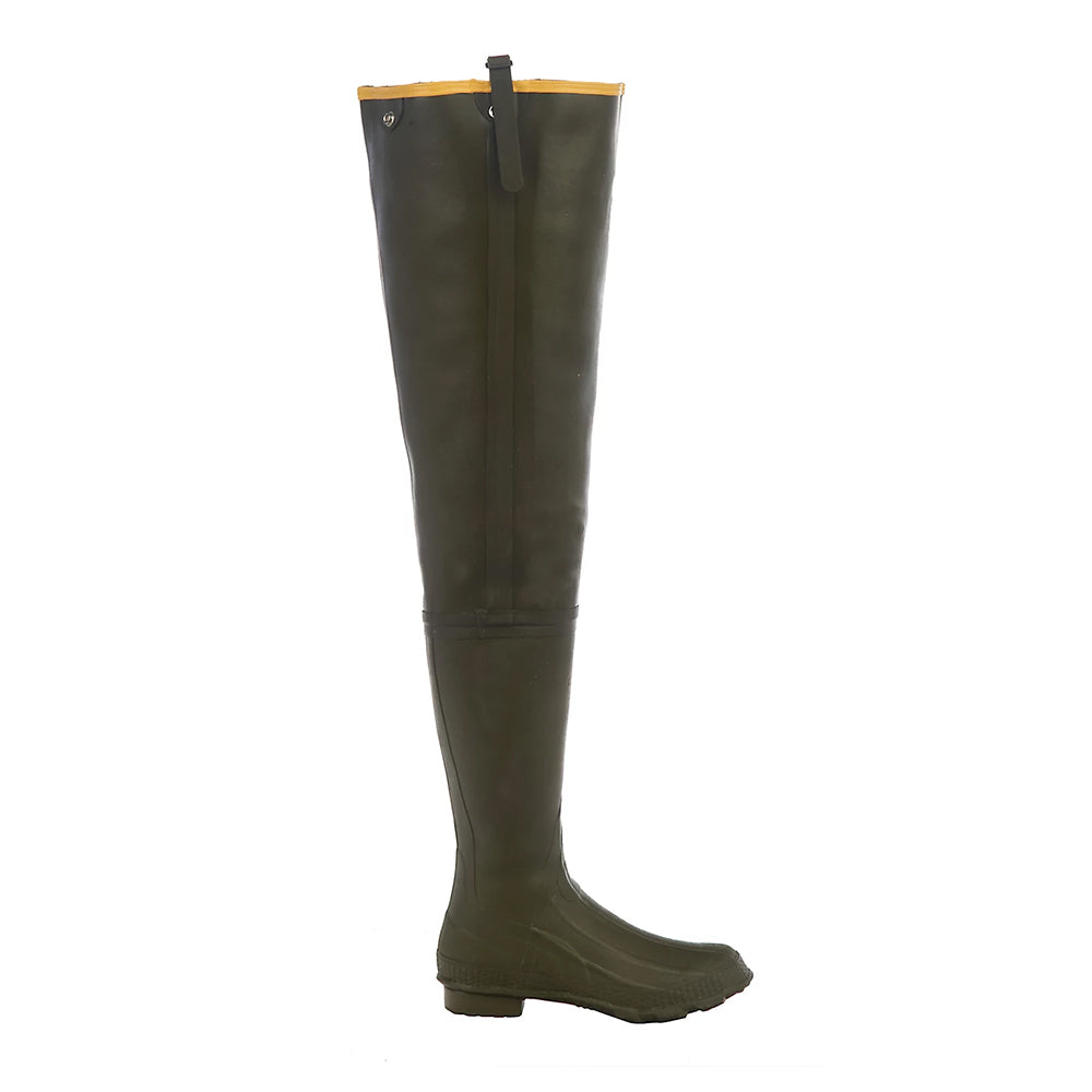 A single Lacrosse Big Chief Hip Waders Non-Insulated 32" boot in dark green with yellow trim, thigh-high and waterproof, is shown from the side on a white background.