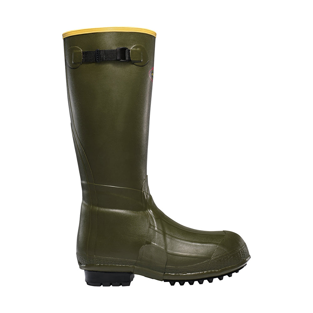 The Lacrosse Burly Rubber Boots Foam Insulated 18" are tall, green boots with a yellow rim, side buckle, grooved sole, and reinforced toe for waterproof protection; shown in profile against a white background.