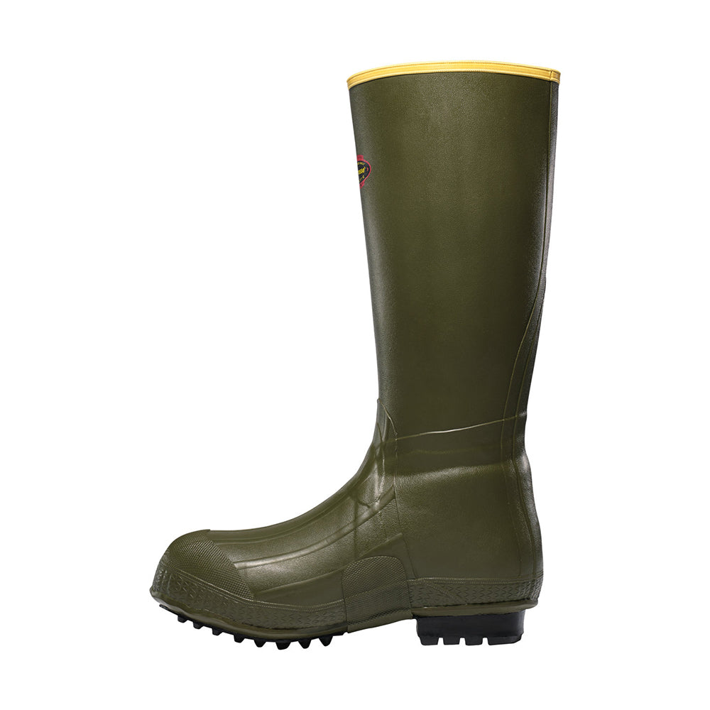A single tall green Lacrosse Burly Rubber Boots Foam Insulated 18" with yellow top trim, textured sole, and a small oval logo near the upper side, seen from the left side against a white background. Brand: Lacrosse.