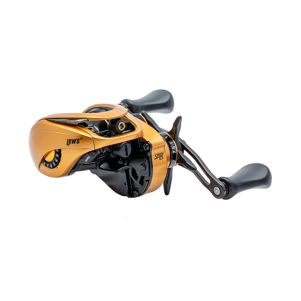 A Lew's Custom Pro Gen 3 Casting Reel 7.5:1 LH in gold and black, featuring dual ergonomic handles and Inertia Transfer Braking, is displayed on a white background.