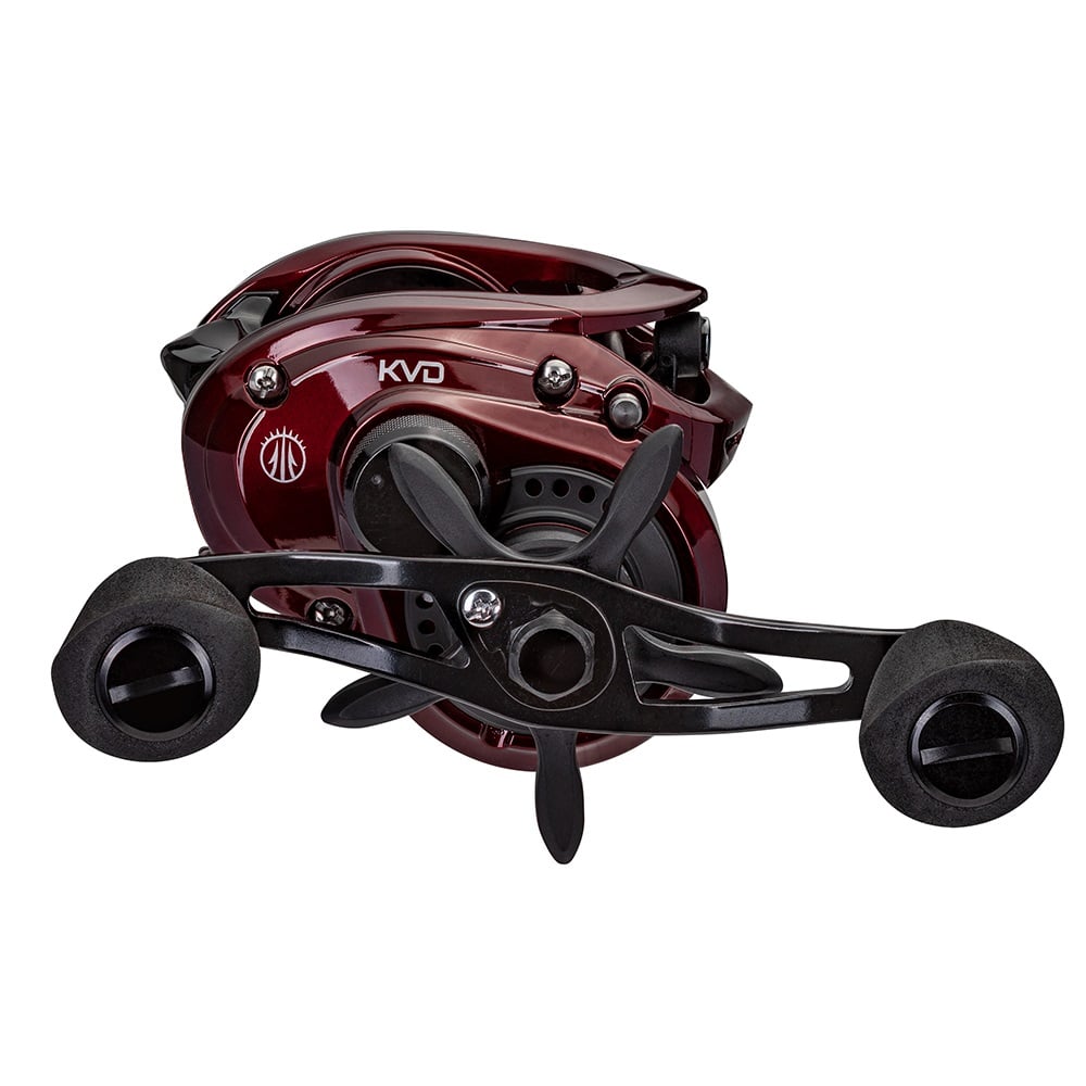 The Lew's KVD LFS Series Casting Reel 8.3:1 Right Hand (KVD1XH) features a maroon and black design, dual handles, compact build, and the "KVD" label for a modern look.