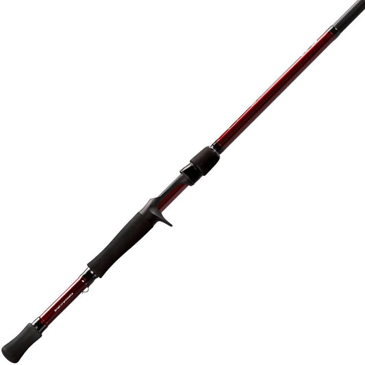 A Lew’s KVD Series Composite Casting Rod 7'4" for medium crankbaits, featuring a red and black design with a black foam handle and trigger grip, is shown against a white background. Model: LKVDCC4.