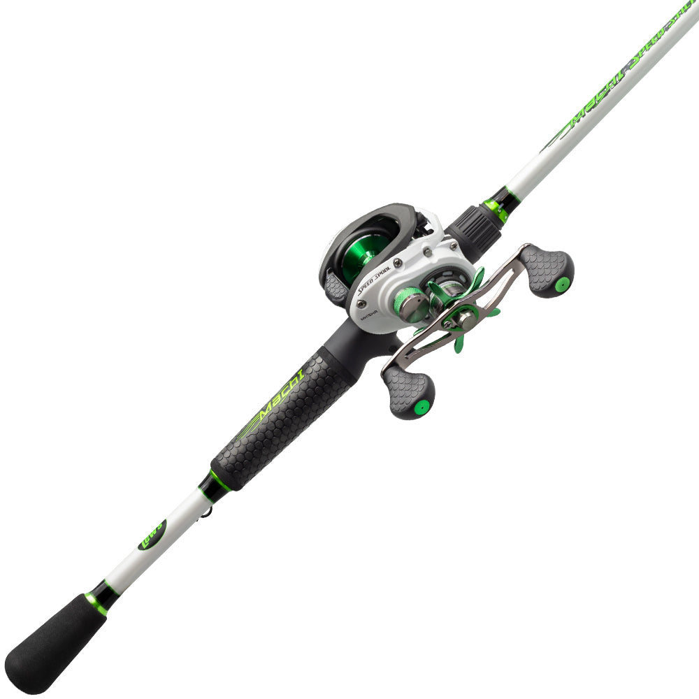 The Lew's Mach 1 SLP 7.5:1 Right Hand 6'10" Medium Heavy Casting Combo (MH1SHA610MH) features a white and black design with green accents, padded ergonomic grips, a metallic spool, and comfortable handle for smooth fishing.