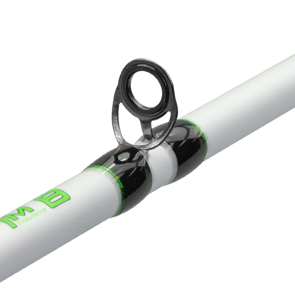 Close-up of the Lew's Mach 1 SLP 7.5:1 Right Hand 6'10" Medium Heavy Casting Combo, featuring green accents, a black and silver line guide ring, and a speed spool system for fast, smooth casting.