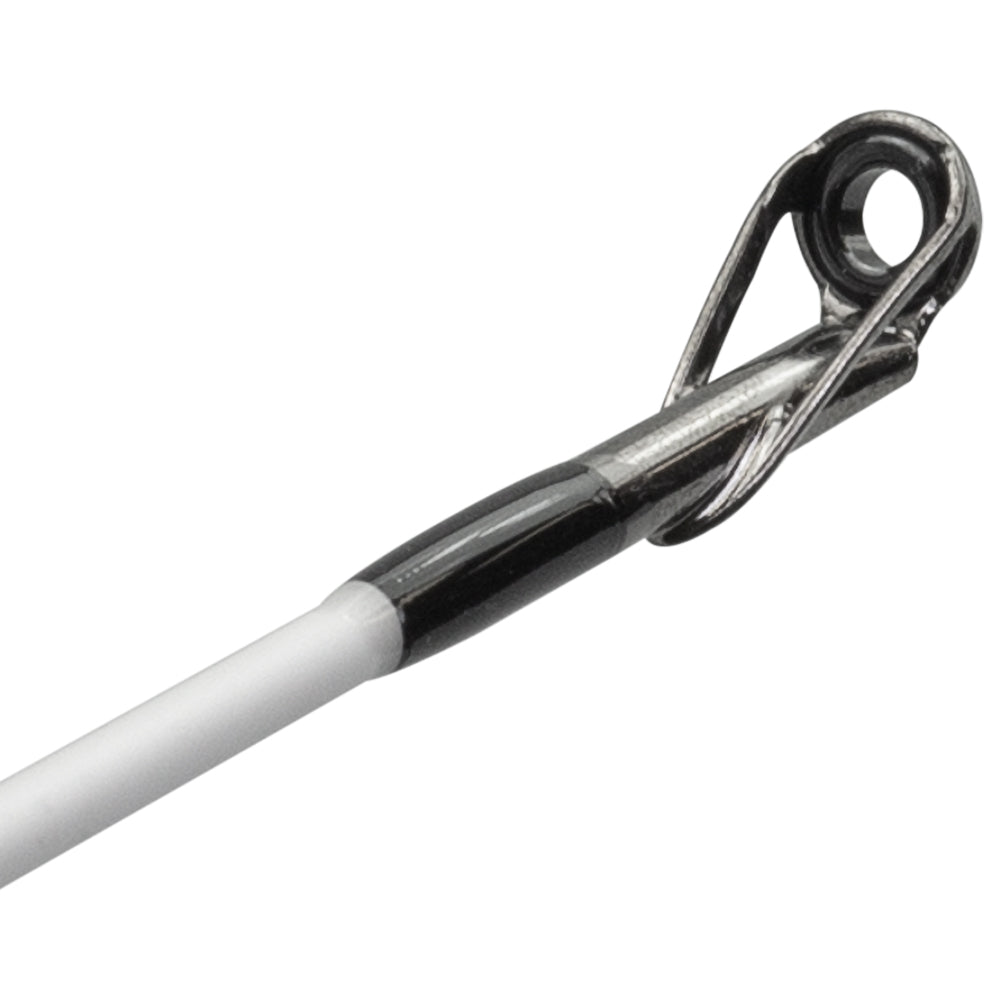 Close-up of the metal tip guide on a white rod, part of Lew's Mach 1 SLP 7.5:1 Right Hand 6'10" Medium Heavy Casting Combo, designed for smooth, high-performance casting.
