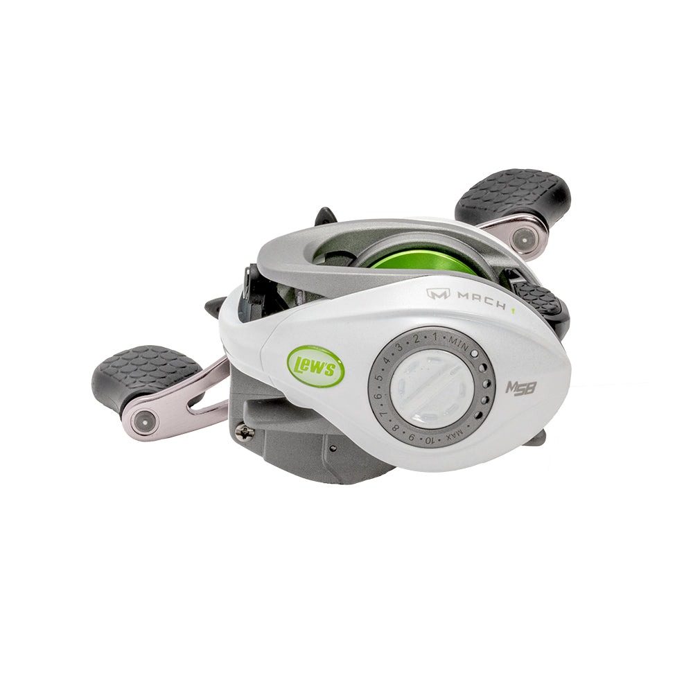 The Lew's Mach 1 Gen 3 Casting Reel 7.5:1 RH (MH1SHG3) features a silver and white design, black dual handles, green accents, and smooth fast retrieves with a 7.5:1 gear ratio.