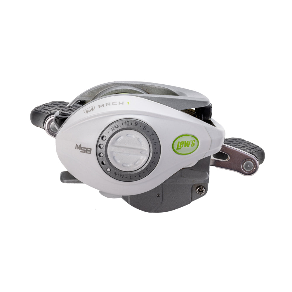 The Lew's Mach 1 SS Gen 3 Casting Reel 7.5:1 RH (MHSS1SHG3) features a silver and gray design, visible adjustment dial, and textured handle grips for enhanced control.