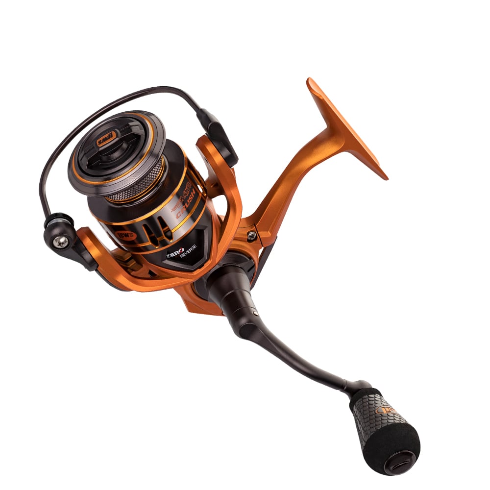 A close-up of the Lew's Mach Crush Spinning Series Spinning Reel (MCR300A) in orange and black, featuring a textured handle, 6.2:1 gear ratio, and advanced 11-bearing system, isolated on a white background.