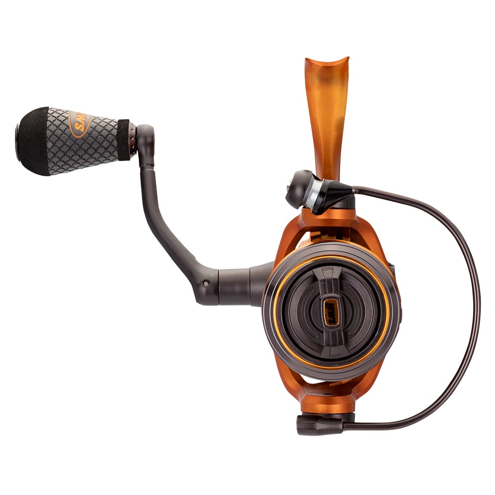 A close-up, top-down view of Lew's Mach Crush Spinning Series Spinning Reel 6.2:1 (MCR300A) in orange and black, featuring a textured handle, 11-bearing system, and sleek design from Lew's.