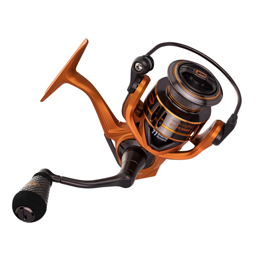 Lew's Mach Crush Spinning Series Reel (MCR300A) features a striking orange and black look, textured handle grip, metallic accents, and a smooth 11-bearing system—all set against a white background.