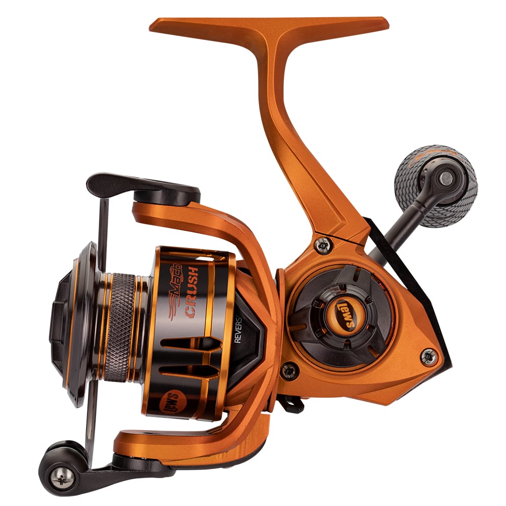 A close-up of the Lew’s Mach Crush Spinning Series Reel (MCR200A) in orange and black, highlighting its sleek design, visible Lew’s branding on the spool and handle, and premium 11-bearing system.