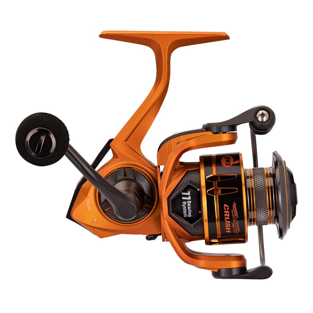 The Lew's Mach Crush Spinning Series Spinning Reel 6.2:1 (MCR200A) is shown in orange and black, highlighting its handle, spool, and rotor. "CRUSH" and specs like its premium 11-bearing system and 6.2:1 gear ratio are labeled on the body.