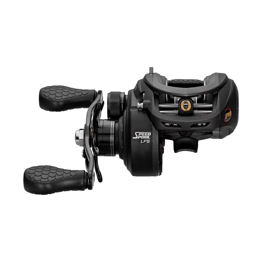 A Lew's Super Duty Gen 2 Casting Reel 6.8:1 Right Hand (SD1HF) in black with dual textured handles and "Speed Spool LFS" marking features an advanced Carbon Fiber Drag System, shown against a plain white background.