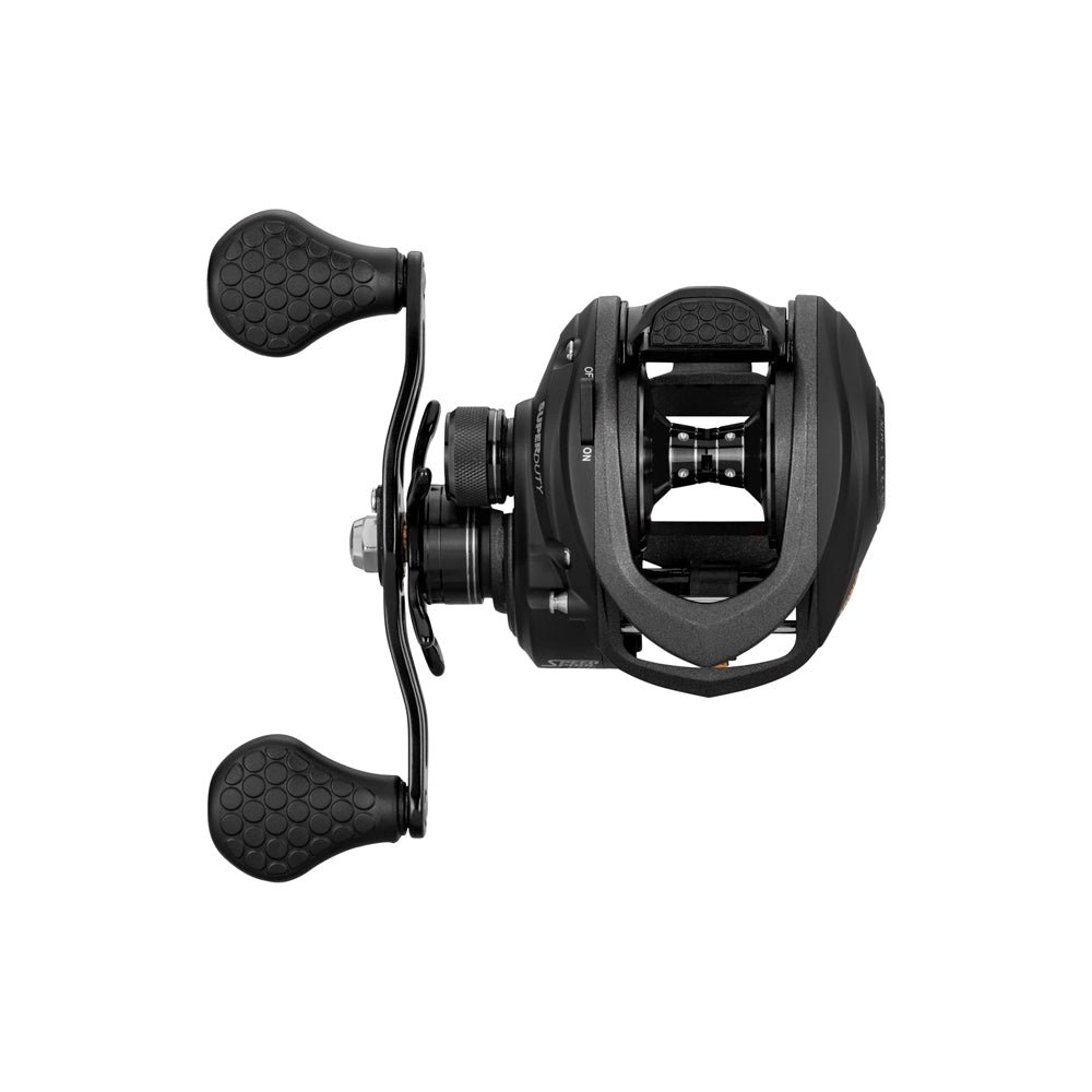 A Lew's Super Duty Gen 2 Casting Reel 6.8:1 Right Hand (SD1HF) in black, featuring an 11-bearing system and two textured handles, is shown from above against a white background.