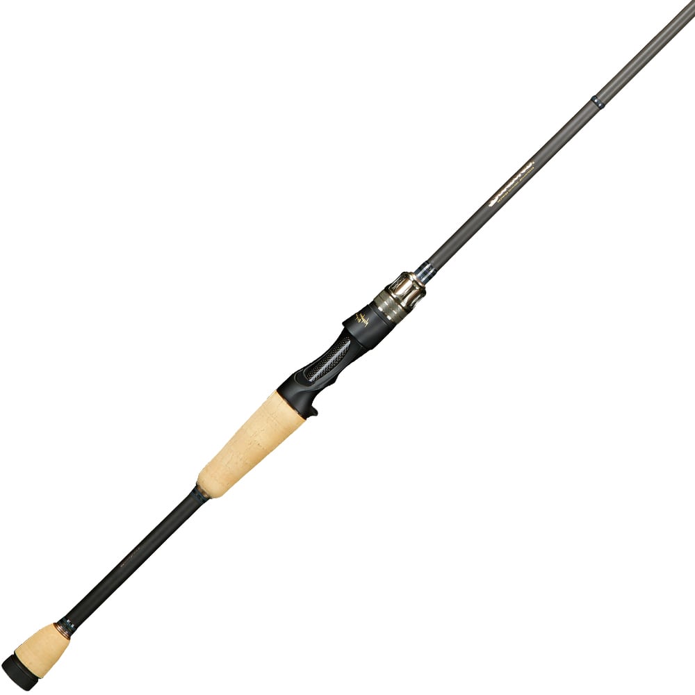 A Megabass Destroyer P5 Criffhanger Thrilling 6'0" Casting Rod (F2-60X) with a black graphite blank, cork handle, and exposed reel seat is photographed on a white background.