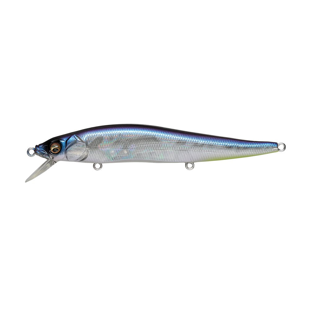 The Megabass ITO Vision 110 GP Skeleton Tennessee is a shiny blue and silver, fish-shaped lure with a clear plastic lip and multiple attachment rings, inspired by the Vision 110 and fitted with Katsuage out-barb treble hooks.