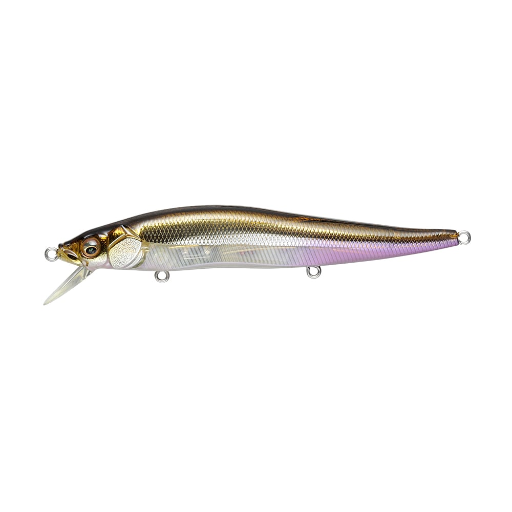 The Megabass ITO Vision 110 HT Ito Wakasagi by Megabass is a metallic, fish-shaped lure with a gold and silver body accented with purple, a clear plastic lip, three attachment rings, and sharp KATSUAGE HOOKS.