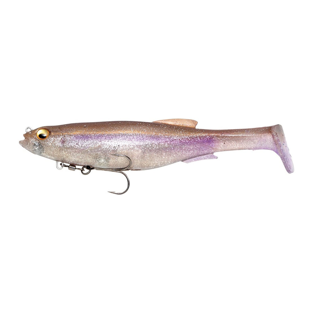 The Megabass Magdraft Swimbait by Megabass is a soft plastic lure with a lifelike silver-purple body, realistic eye, paddle tail, and single hook underneath that mimics a small fish to attract more bites.
