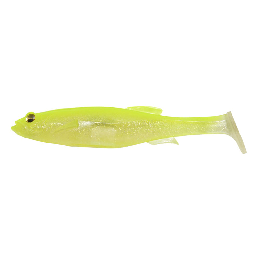 The Megabass Magdraft Swimbait by Megabass is a yellow-green, soft plastic bait shaped like a small fish with a paddle tail and single painted eye, designed for lifelike swimming action.