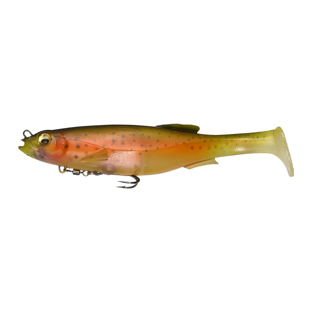 The Megabass Magdraft Swimbait by Megabass is a soft plastic lure with a paddle tail, orange-yellow with black spots, and a hook underneath. Its lifelike swimming action attracts more fish by imitating small prey.