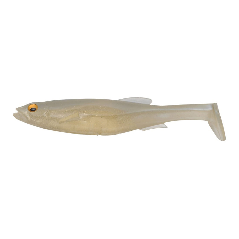 The Megabass Magdraft Swimbait by Megabass is a soft plastic lure shaped like a small fish, featuring a light beige color, detailed fins, paddle tail, and a single yellow and black eye for lifelike swimming action.