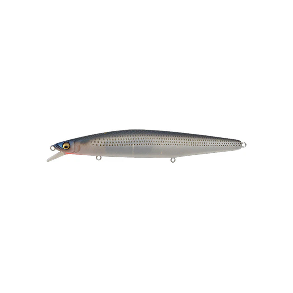 A close-up of the Megabass Marine Gang 120S Mat Konoshiro, a 4.75-inch floating fishing lure from Megabass, shaped like a small fish with lifelike details and a plastic lip to attract predatory fish.